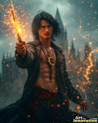 A shirtless man in an unfastened coat points a wand that shoots sparks by a dark castle