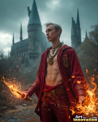 Outside a stone castle, a bare-chested young man in red robes conjures flames