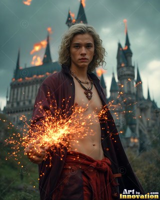 Holding bright sparks in his hand, a shirtless blond man stands before a castle