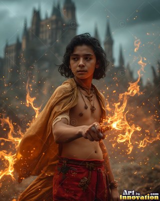 A shirtless young man casting flames in front of a castle