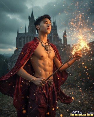Wearing a red cape, a shirtless man casts sparks outside a castle