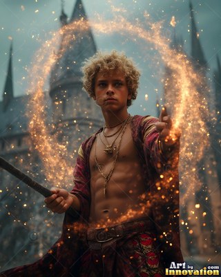 A young blond man casts a circle of gold sparks outside a tall castle spires
