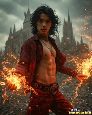 Standing before a dark castle, a shirtless man casts fire from his hands