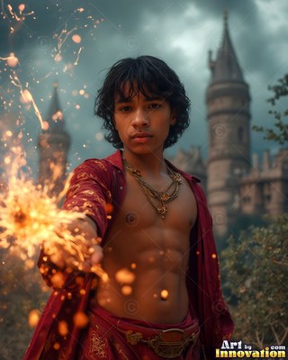 A young man wearing an unbuttoned red shirt shoots bright golden sparks outside a castle