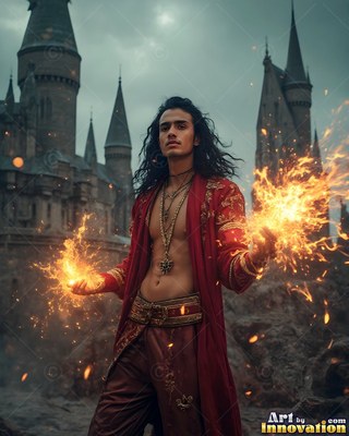 Before a stone castle, a young man holds up fire in his open hands
