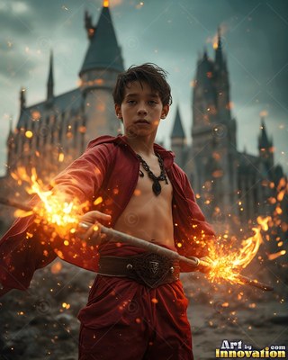 Holding a fiery staff, a young man in red robes stands before a tall castle