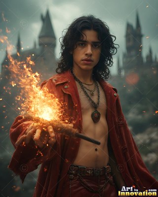 A young man wearing an unfastened red coat holds a flaming wand