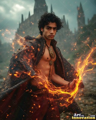 A bare chest under an open dark coat on a man weaving fire outside a stone castle