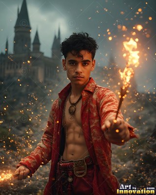A young man raises a flaming wand before a castle under sparkling gold light