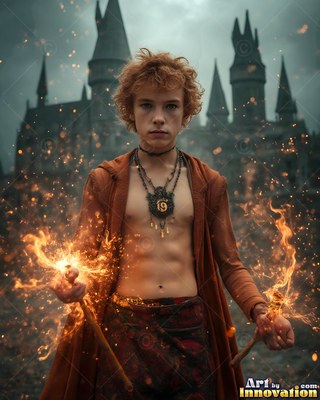 Facing forward at a stone castle, a young man carries fiery wands in an open robe