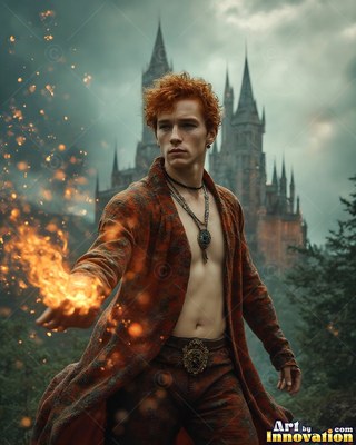 A red-haired man holds bright fire in his bare hand near a dark castle