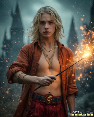 Outside a dark castle, a blond man wearing an unfastened red shirt holds a sparked wand