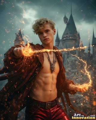 Casting sparks from a wand, a blond man stands shirtless in front of a castle