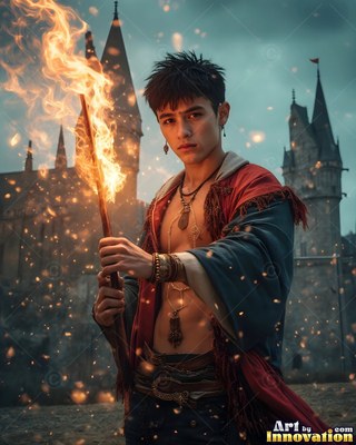 Young man holding a flaming staff before a stone castle