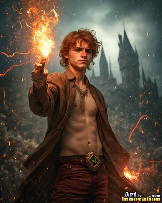 In an open brown robe, a young man aims a fiery wand outside a dark castle spire