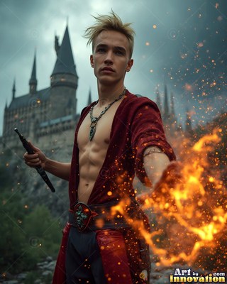 A young blond man casts fire from his outstretched hand, scattering bright orange sparks