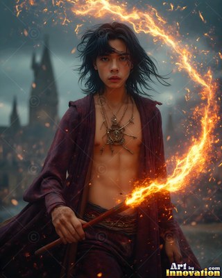 Facing forward outside a castle, a young man clutches a staff of fiery light