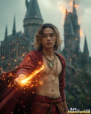 A young man in red robes points a sparkling golden wand outside a castle