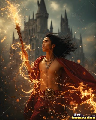 Before a dark castle, a shirtless young man in a red cloak raises a fiery staff