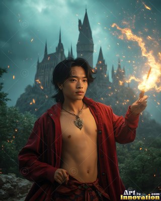 Holding a flaming wand, a shirtless young man in a deep red robe stands before a castle