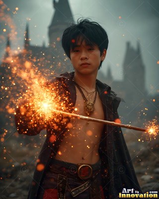 A young man grips a wand shooting orange sparks by a castle