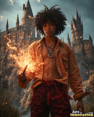 Wearing an unbuttoned tan shirt in front of a castle, a young man carries a burning wand
