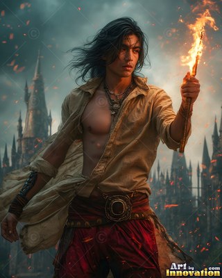 A young man holds up a burning wand that casts warm light across his face