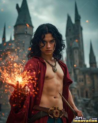 Facing forward at a stone castle, a young man holds orange sparks in his open hand