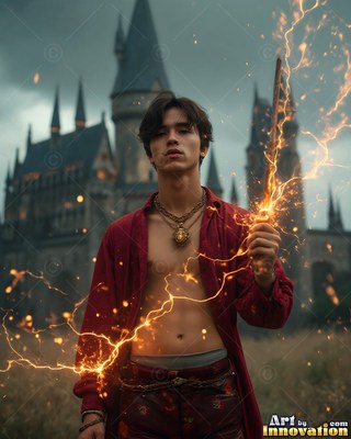 A young man in an open red shirt holds a wand with bright sparks before a castle