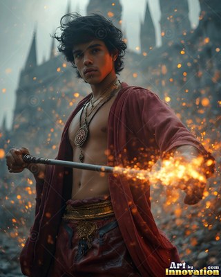 Before a stone castle, a young man grips a staff shooting sparks of orange fire