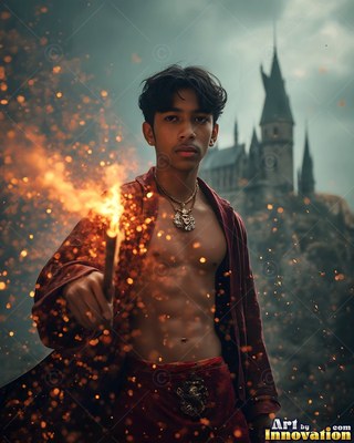 Holding a flaming wand, a young man stands in an open red cloak before a castle
