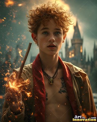 A young man clutches a sparking wand outside a stone castle