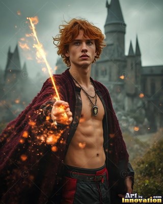A red-haired man with an open cloak holds a sparking wand outside a stone castle