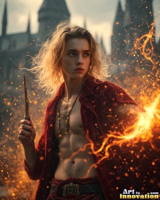 A blond man holds a wand in an unbuttoned red coat beside bright orange sparks