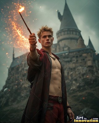 Standing before a castle, a shirtless man raises a sparking wand