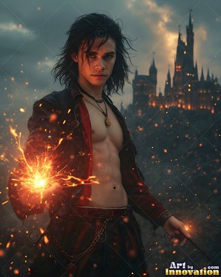 A young man clutches bright yellow sparks outside a dark stone castle