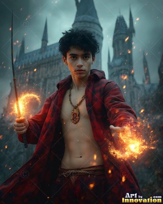 Outside a stone castle, a young man clutches a wand that sparks with bright fire