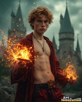 Holding fiery sparks in his hands, a red-haired man stands before a castle