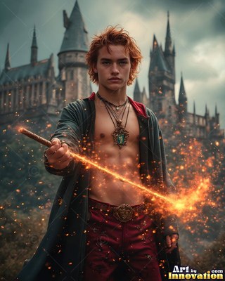 A shirtless young man points a fiery wand just outside a castle