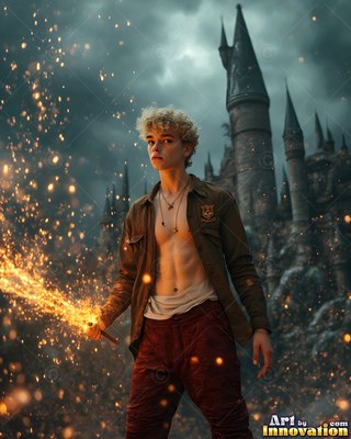 Curly blond hair frames a young man wearing an unbuttoned shirt holding a sparked wand by a dark castle