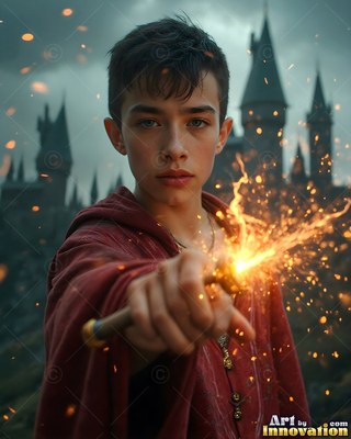 A young man points his wand forward as bright yellow sparks burst from the tip