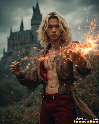 Facing forward by a castle, a blond man casts bright sparks from a wand