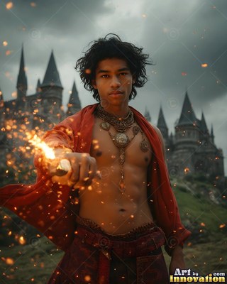 A shirtless young man in a red cloak shoots sparks outside a castle