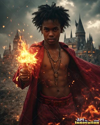 Outside a stone castle, a young man in an unfastened red robe holds a flaming wand