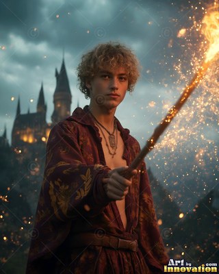 Holding a sparking wand, a blond young man stands in red robes near a castle