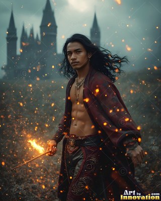 Man in an open red robe holds a fiery wand by a castle