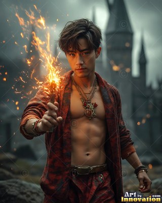 Wearing a parted red cloak, a bare-chested young man points a flaming wand by a castle courtyard