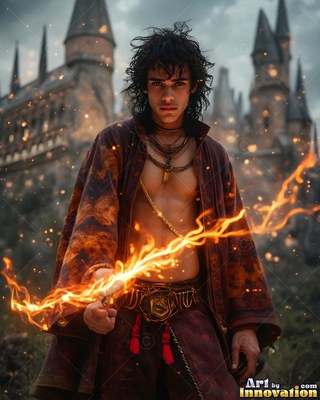 A dark-haired man casts fire from a wand with bright sparks before a castle
