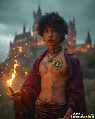 Standing before a castle, a bare-chested young man holds a burning torch
