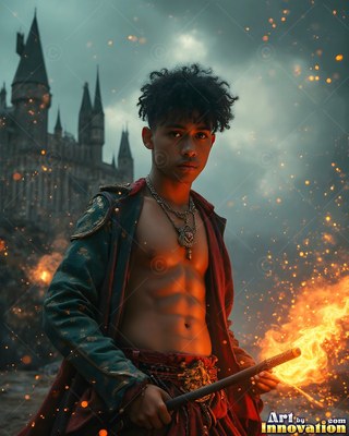 A shirtless young man holds a fiery torch outside a dark stone castle